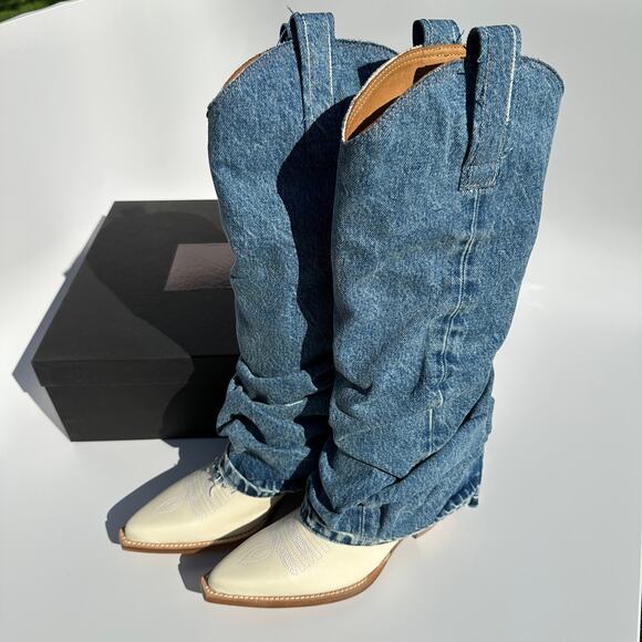 R13 Mid Cowboy Boots with Denim Sleeve Shaft Indigo Blue Ivory Size 38 NIB $1395 - Picture 3 of 16